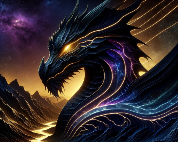 Majestic dragon against a cosmic and mystical backdrop