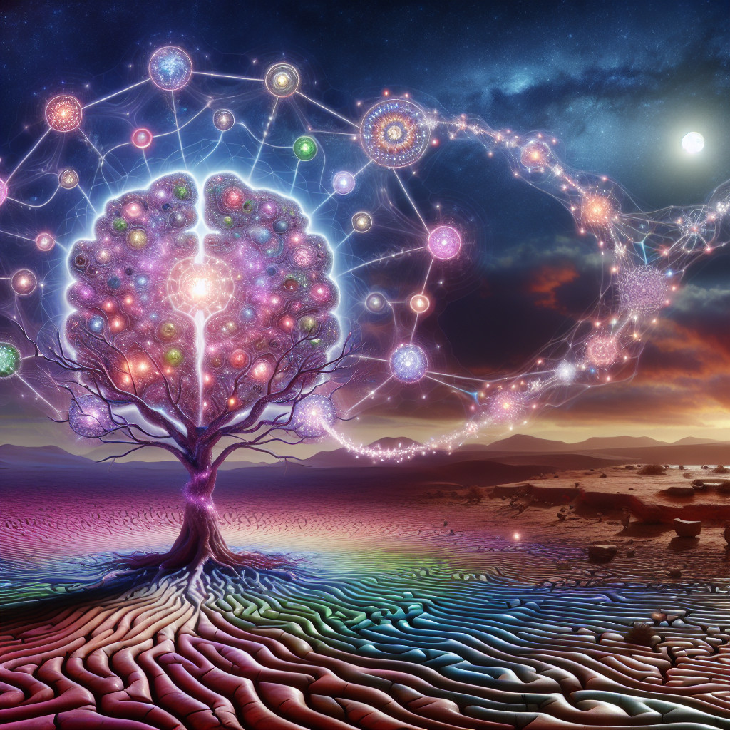 Surreal Landscape with Glowing Tree and Orbs