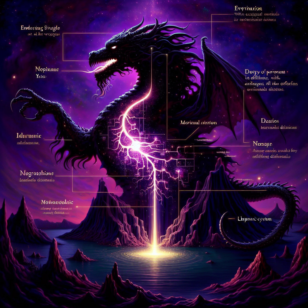 Majestic dragon in a mystical landscape with labels