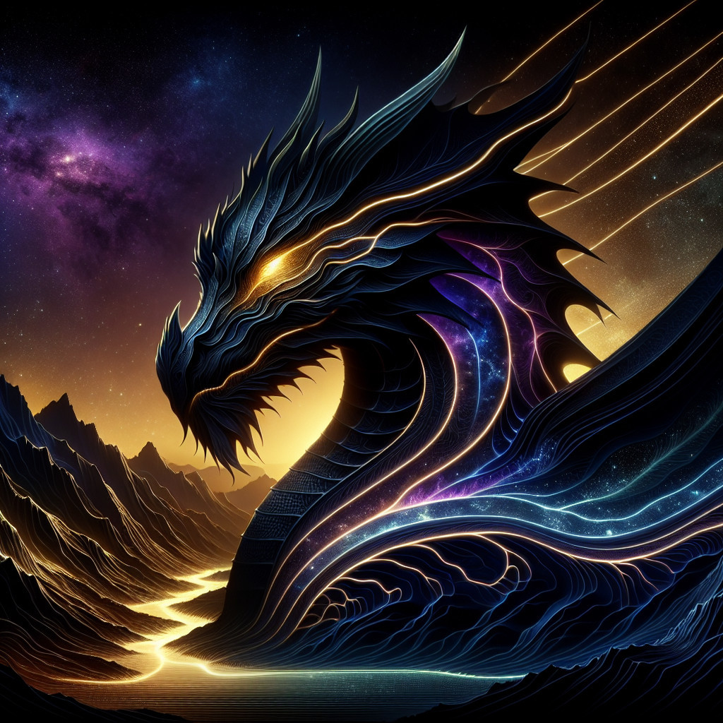 Majestic dragon against a cosmic and mystical backdrop