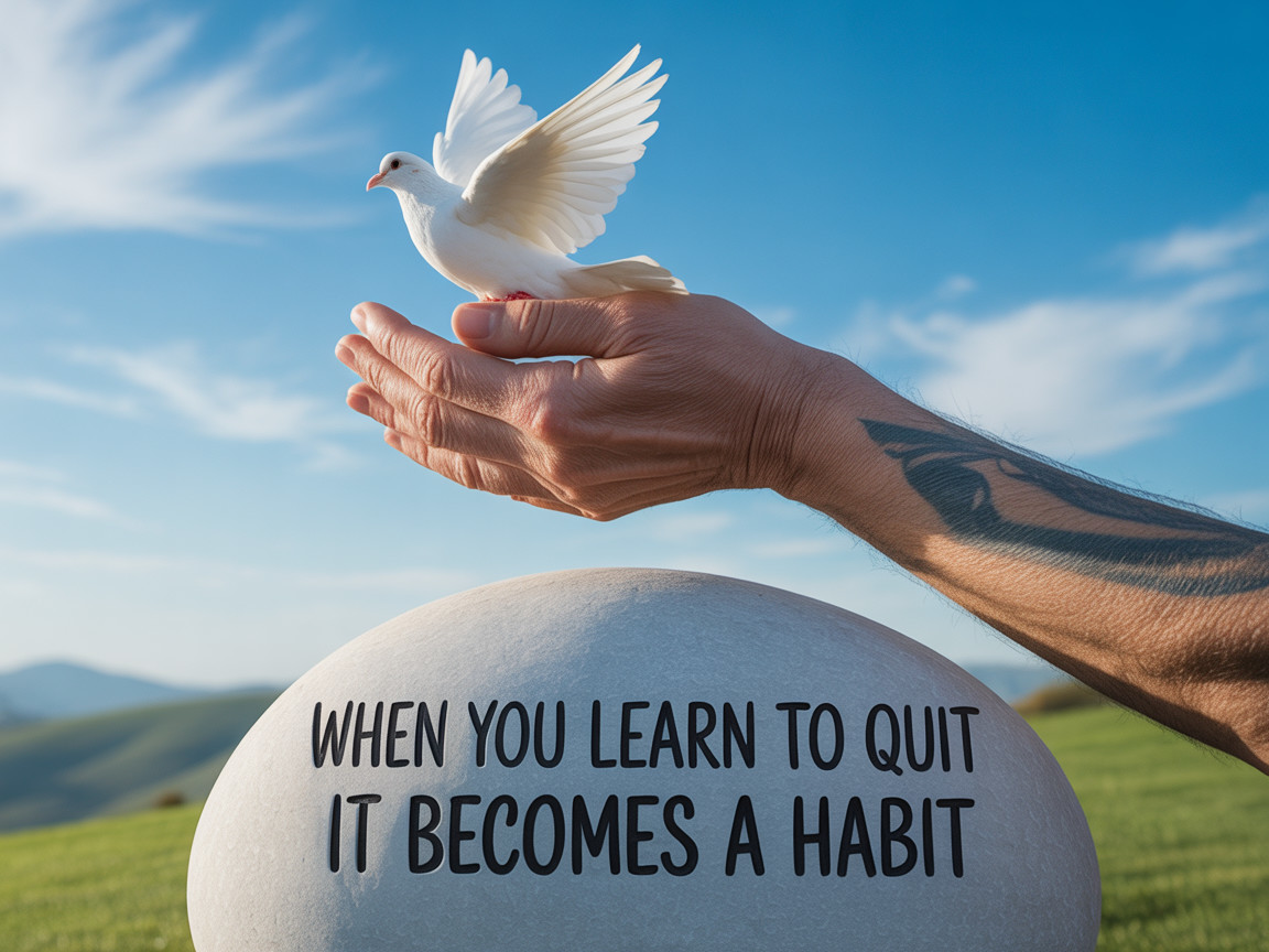 Hand holding white dove with quote on stone backdrop