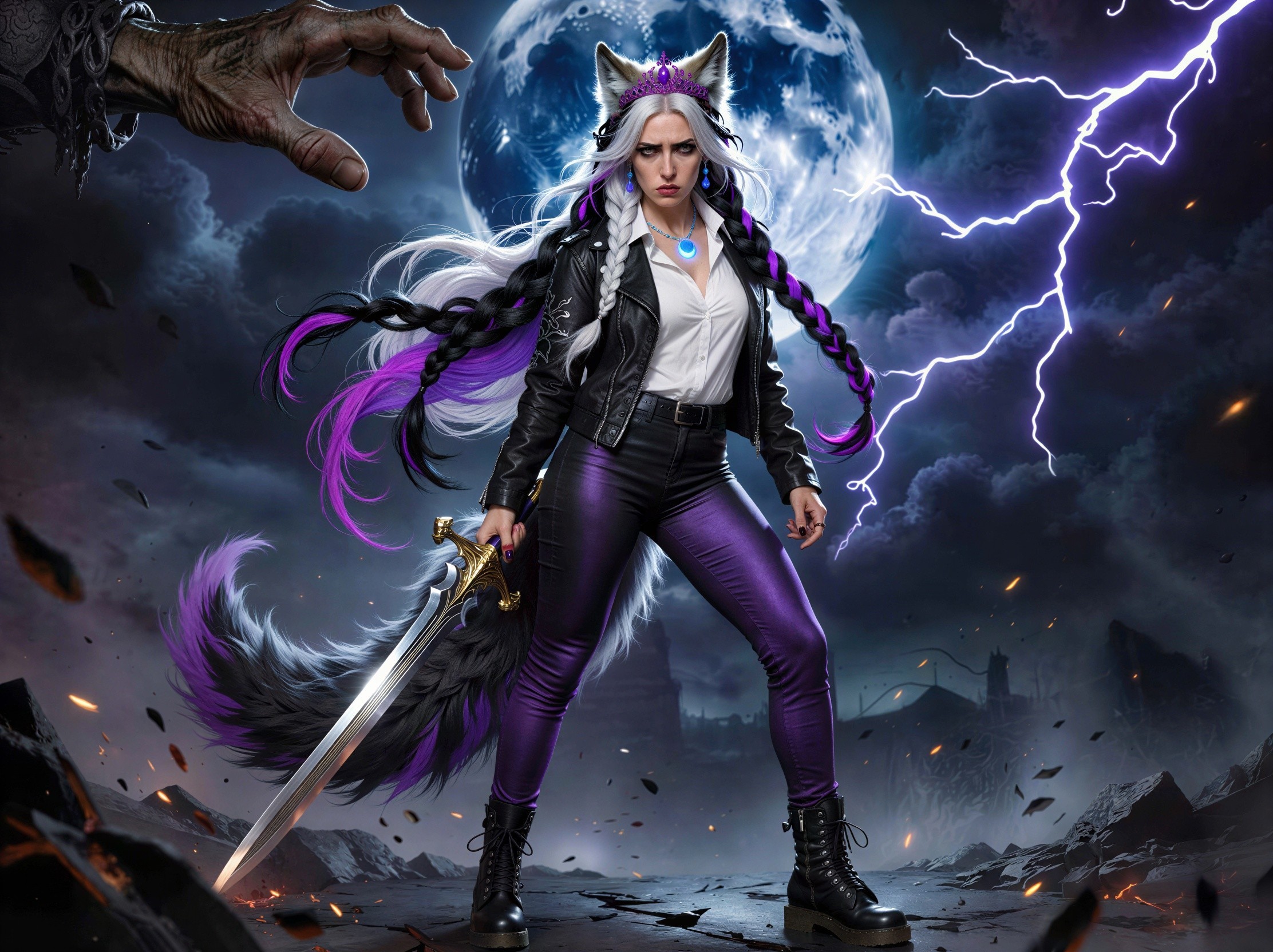 Angry dark-skinned woman with wolf tail and sword