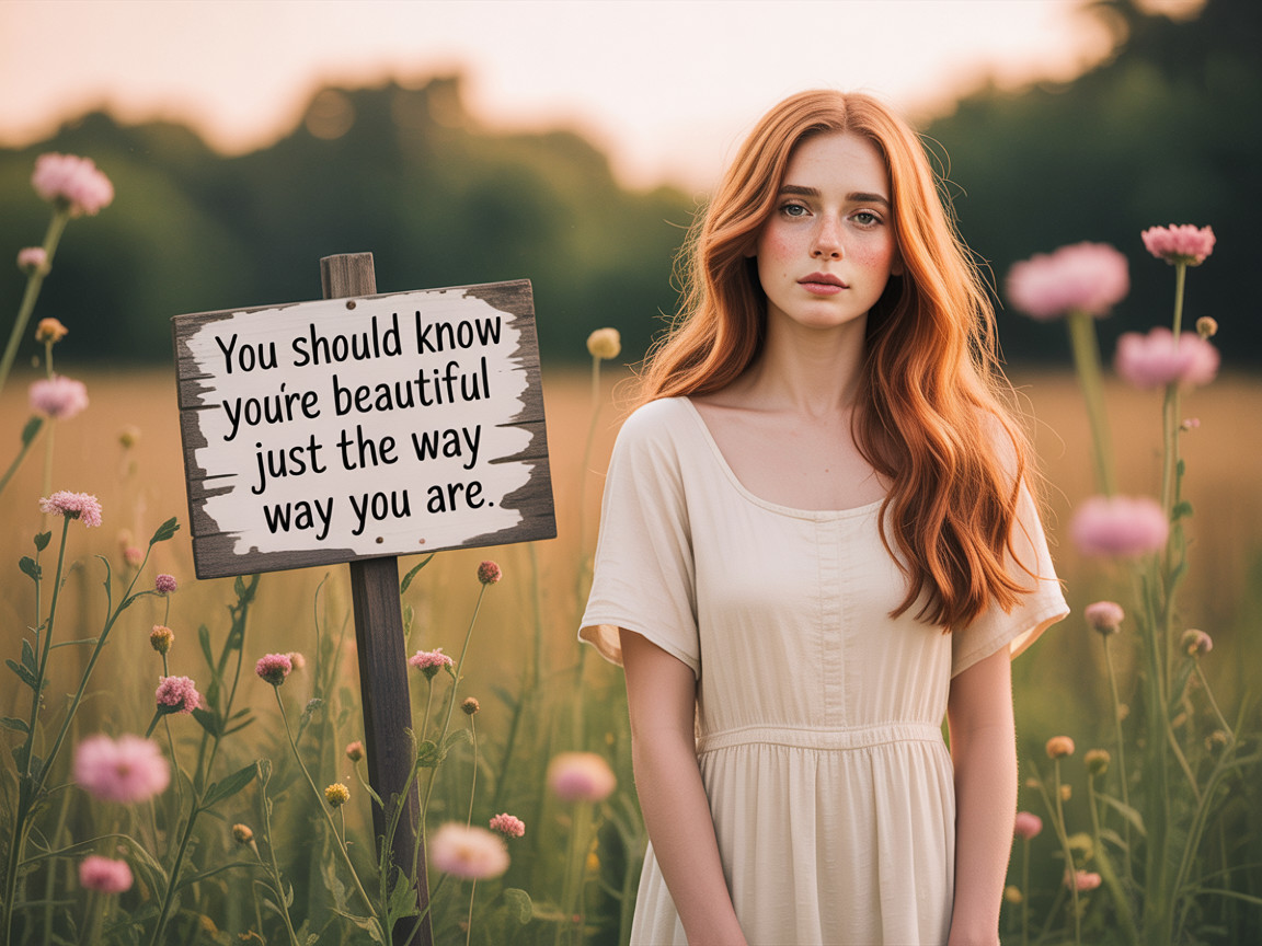 Young woman in a flower field at sunset with sign