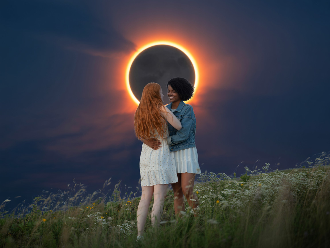 Women Embracing on Hillside During Solar Eclipse
