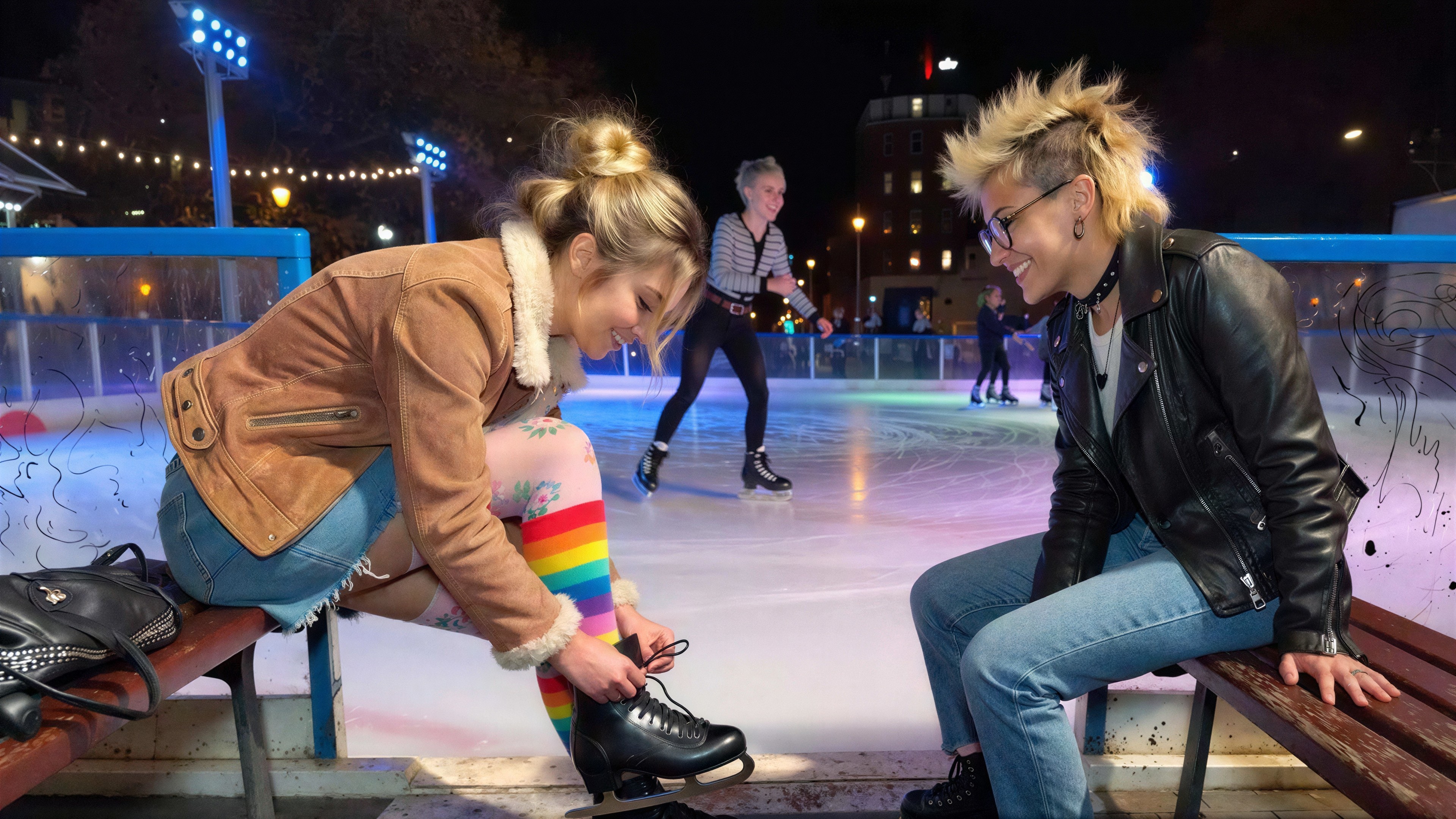 Three Women on Outdoor Ice Skating Rink at Night