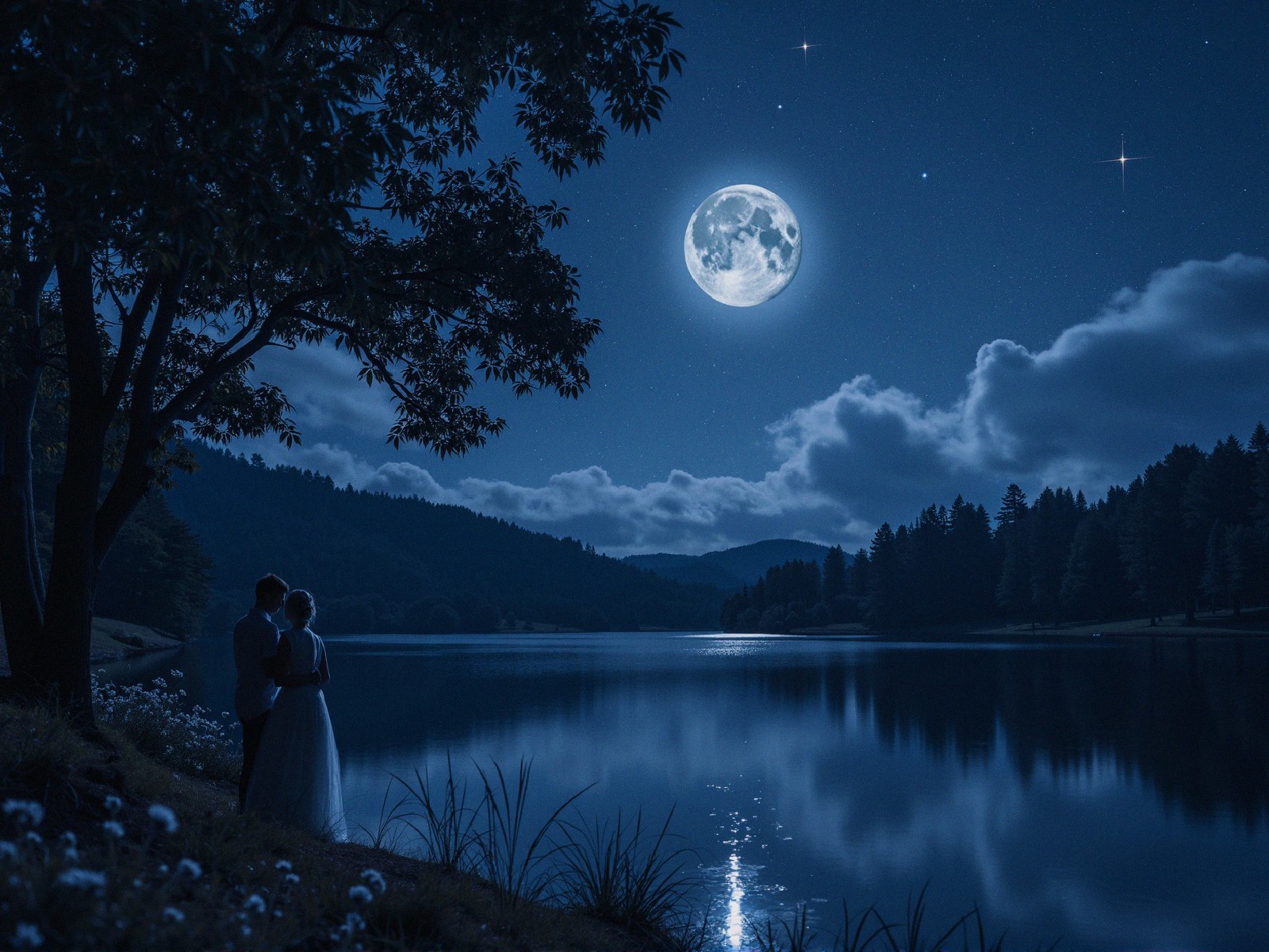 Serene Night Scene at a Tranquil Lake with Moonlight