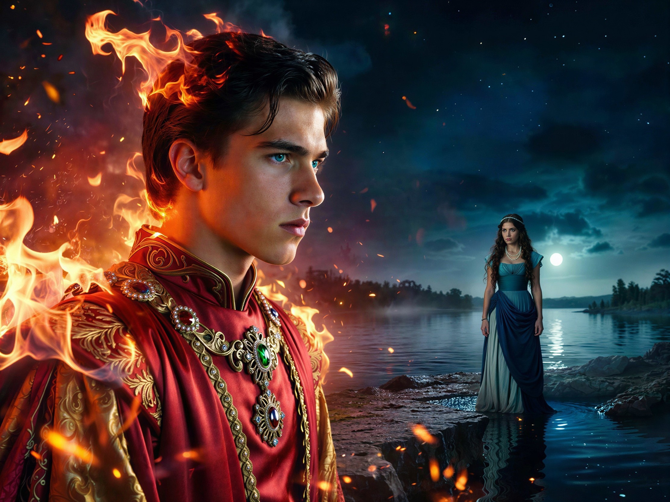 Profile of a man in embroidered robe amidst flames