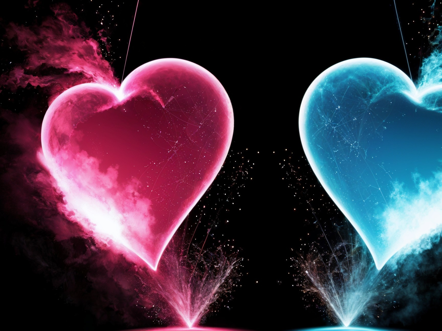 Glowing Pink and Blue Hearts with Colorful Light Effects