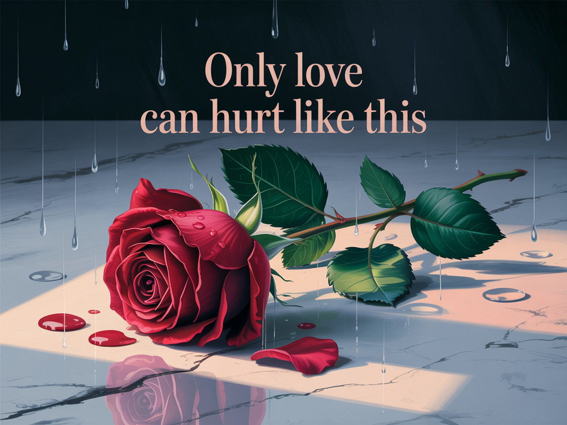 Red Rose on Marble with Water Droplets and Petals