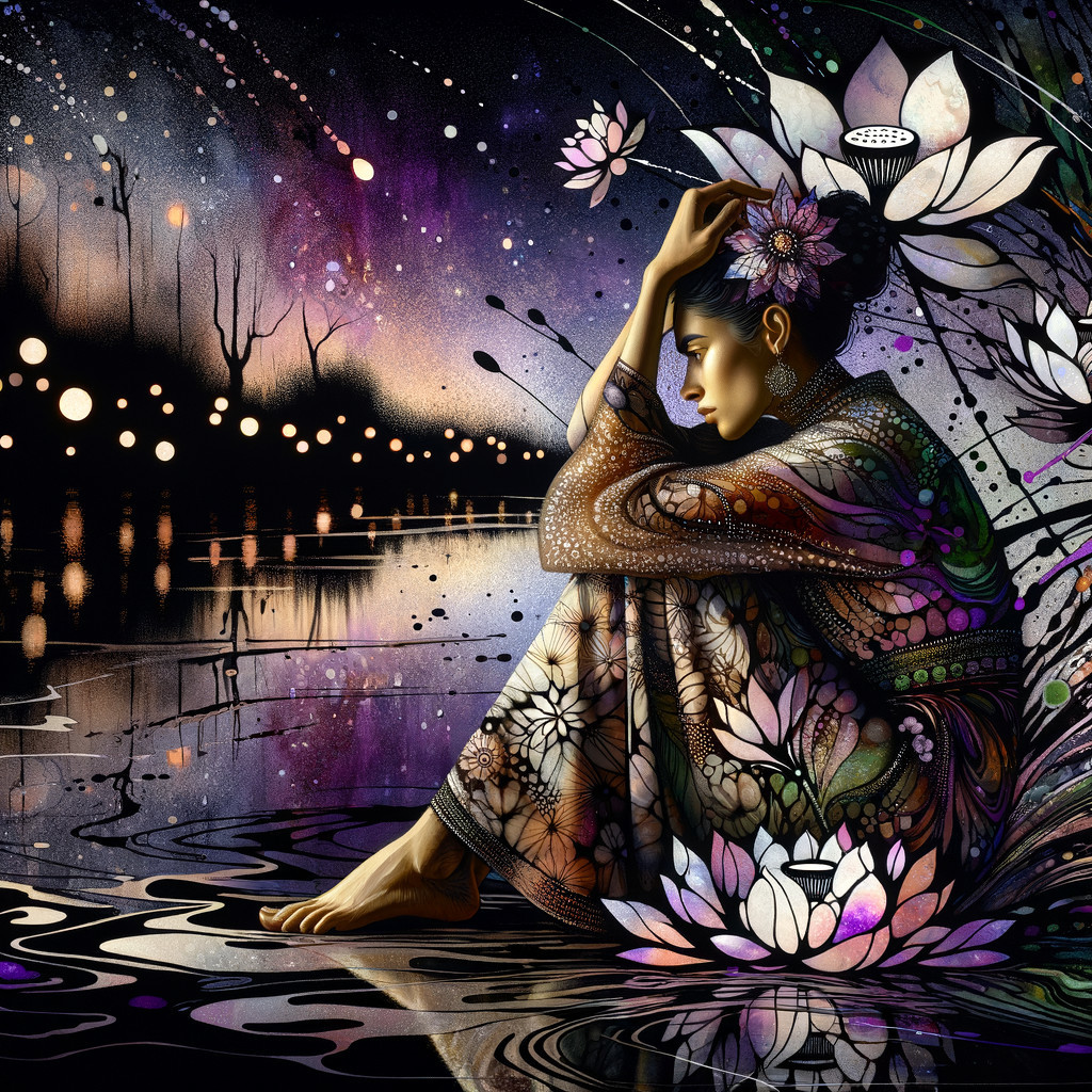 Serene Figure by Tranquil Lake with Lotus Flowers