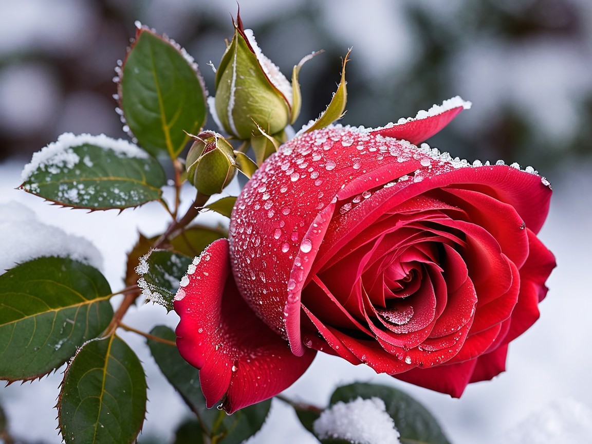 Close-Up of a Red Rose Covered in Ice and Snow