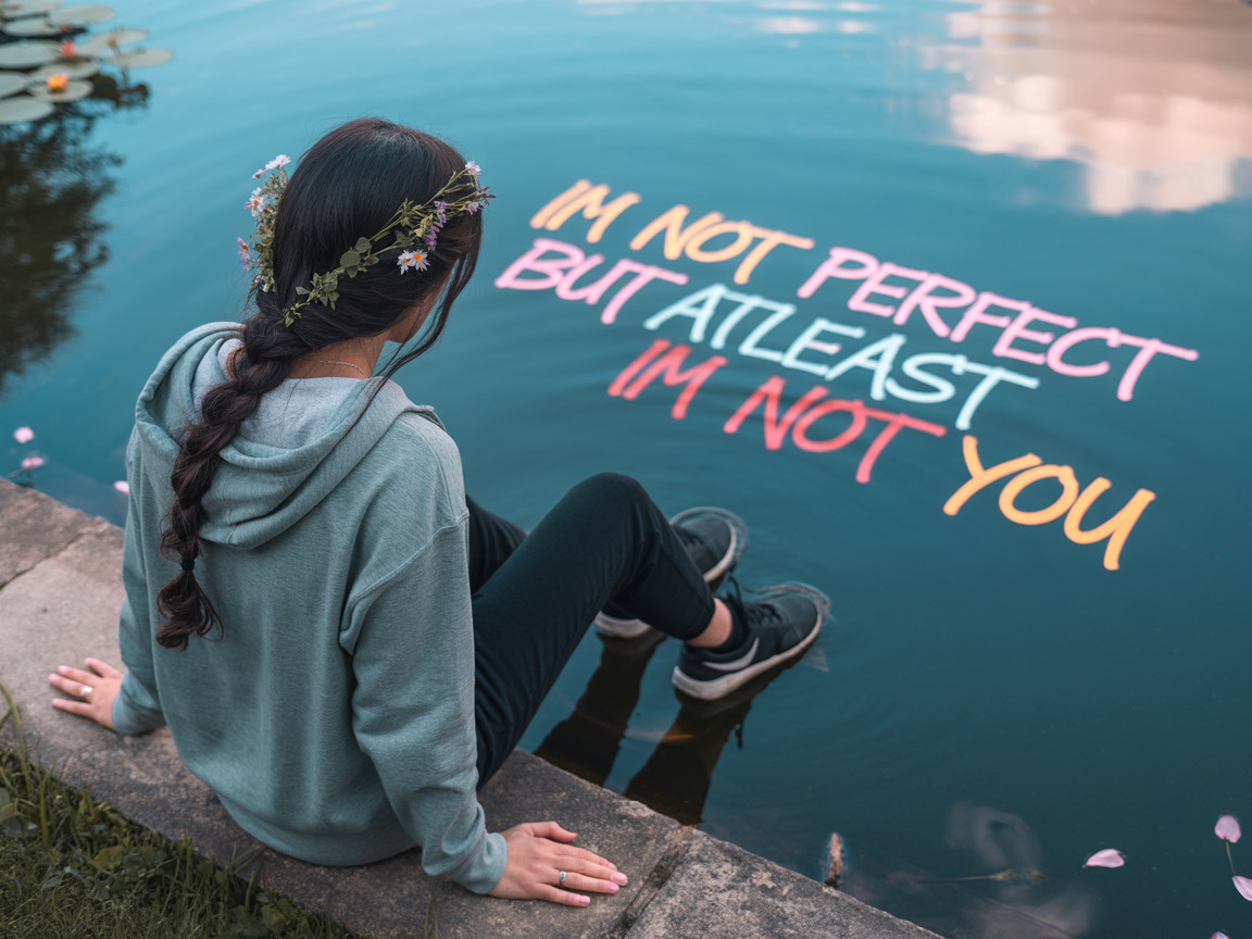 Young Woman by Serene Pond with Reflective Text