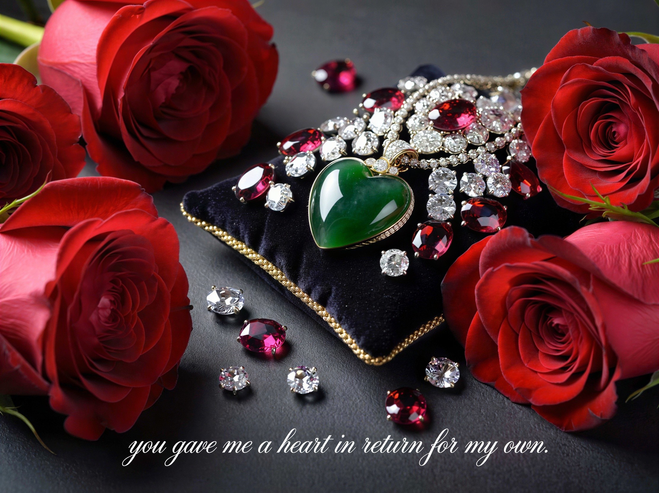 Luxurious Still Life with Red Roses and Gemstones