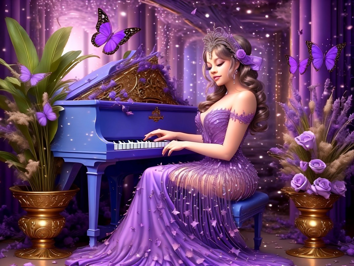 Young Woman in Purple Gown Playing Blue Piano