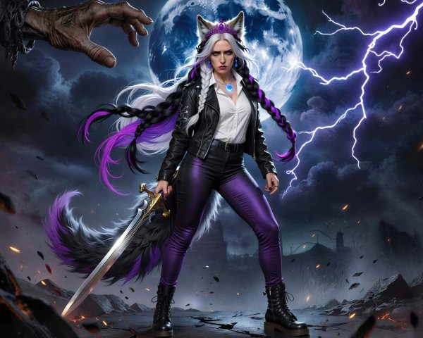 Angry dark-skinned woman with wolf tail and sword