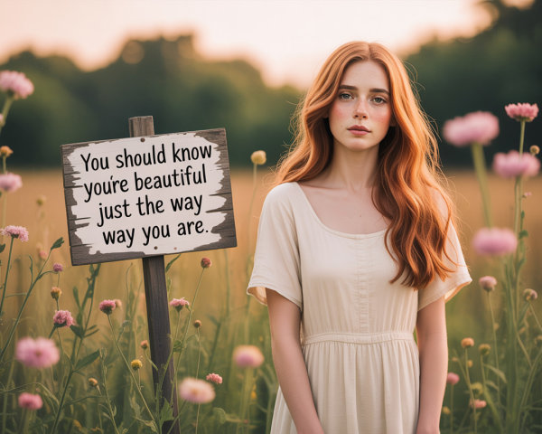Young woman in a flower field at sunset with sign