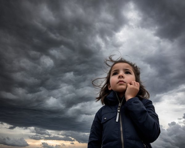 Young girl in puffer jacket under dramatic cloudy sky