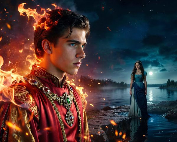 Profile of a man in embroidered robe amidst flames