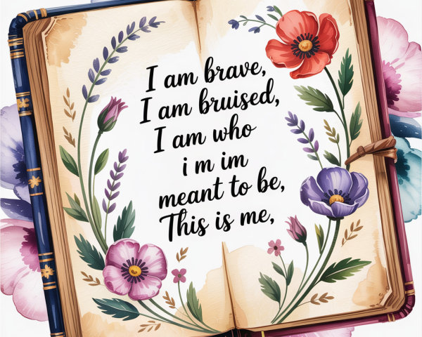 Open Book Surrounded by Colorful Flowers and Quote