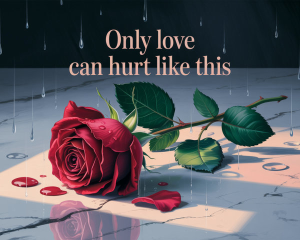 Red Rose on Marble with Water Droplets and Petals