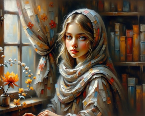 Young woman in cozy room with books and flowers