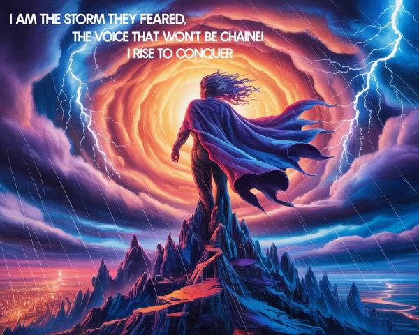 Powerful figure on mountain facing energy vortex