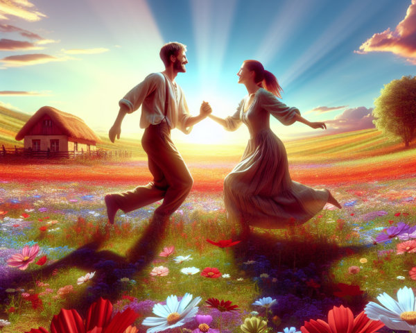 Couple Dancing in Colorful Meadow at Sunset