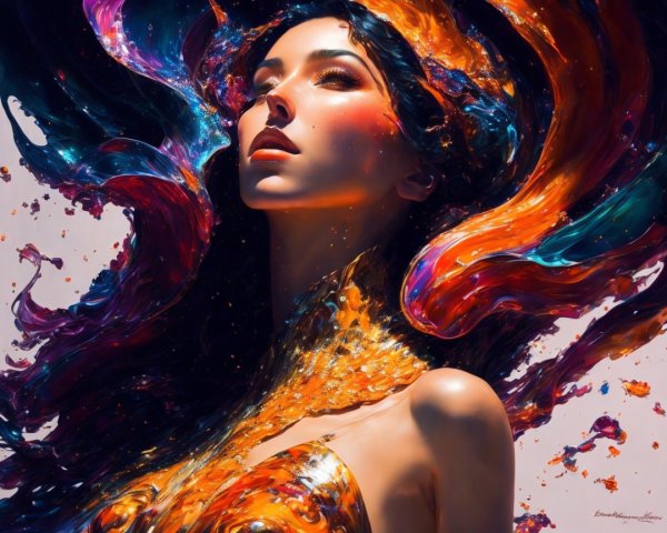 Portrait of a woman with vibrant, flowing hair and makeup