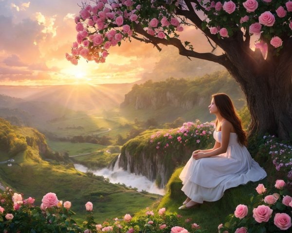 Serene Landscape with Woman in White Dress and Roses