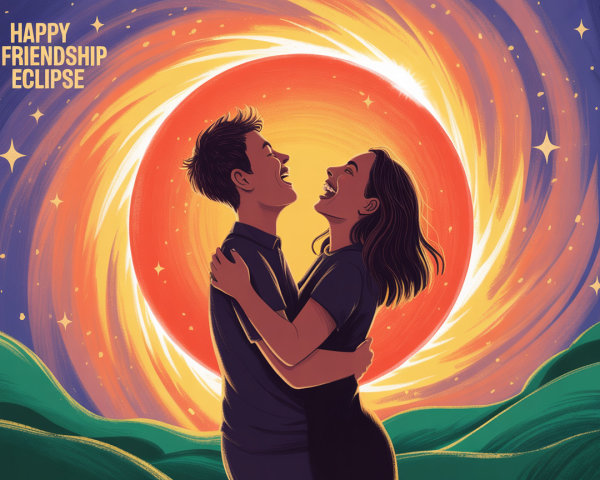 Friends Embracing Under a Vibrant Sunset Sky