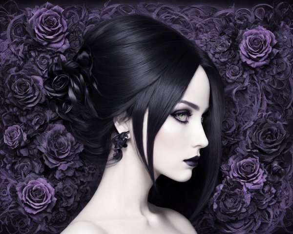 Gothic Portrait of a Woman with Dark Hair and Roses