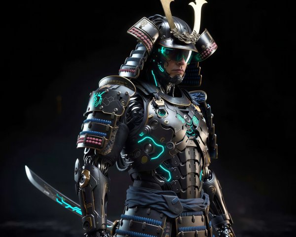 Cyberpunk Samurai Warrior in Dark Armor and Neon Lights
