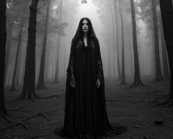 Mysterious Figure in Foggy Forest Landscape