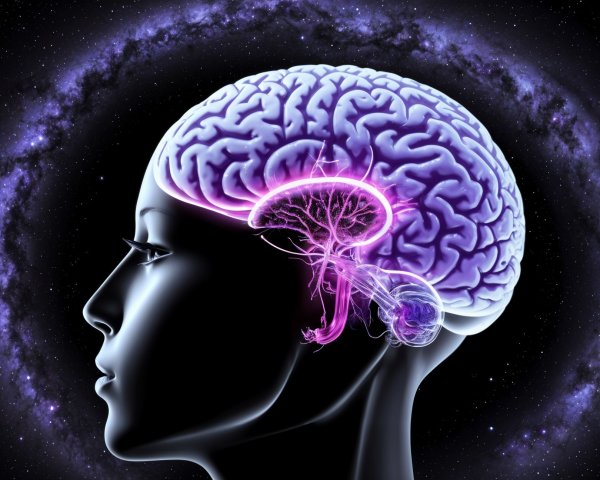 Stylized Purple Brain in Cosmic Human Silhouette