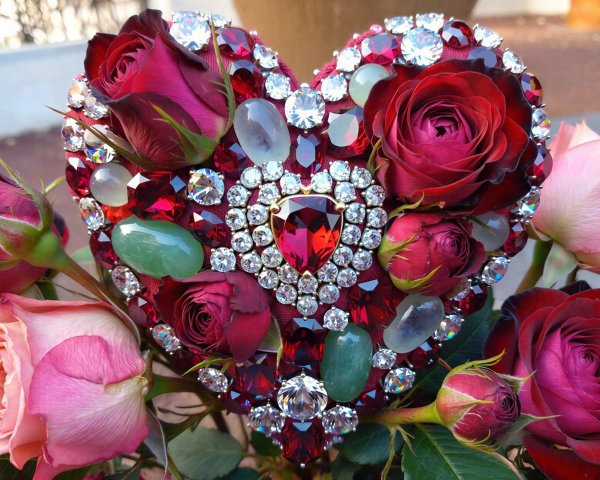 Heart-Shaped Brooch with Red Gemstone and Diamonds