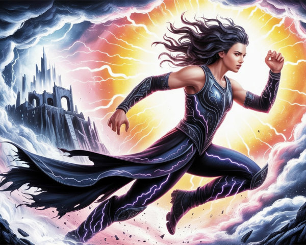 Dynamic Landscape with Lightning and a Powerful Figure