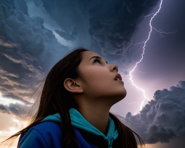 Young girl in awe of dramatic lightning-filled sky