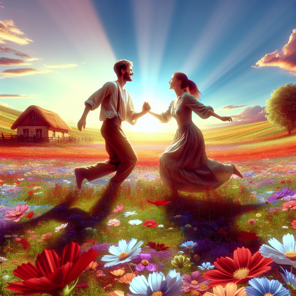 Couple Dancing in Colorful Meadow at Sunset