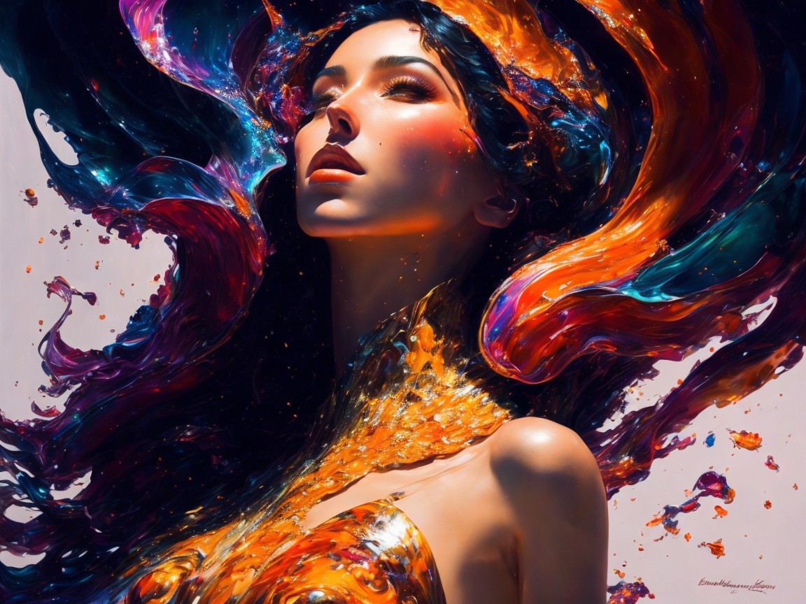 Portrait of a woman with vibrant, flowing hair and makeup