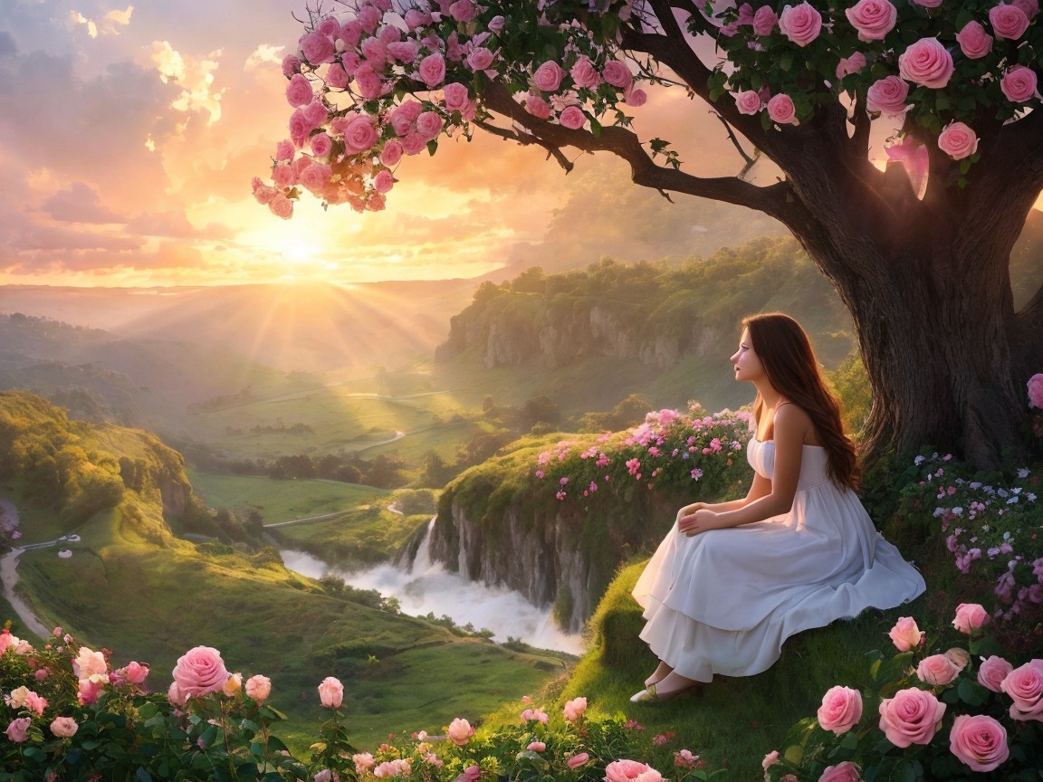 Serene Landscape with Woman in White Dress and Roses
