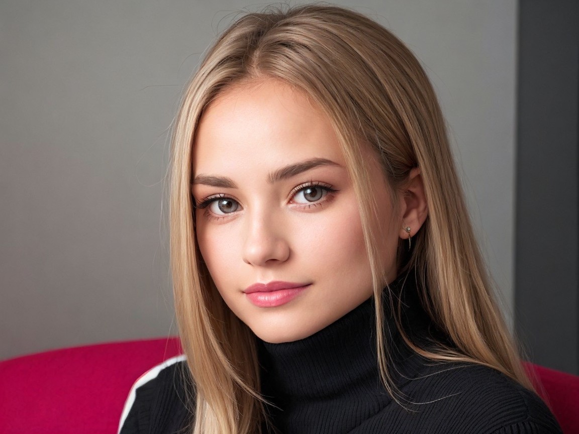 Young woman in black turtleneck with pink background
