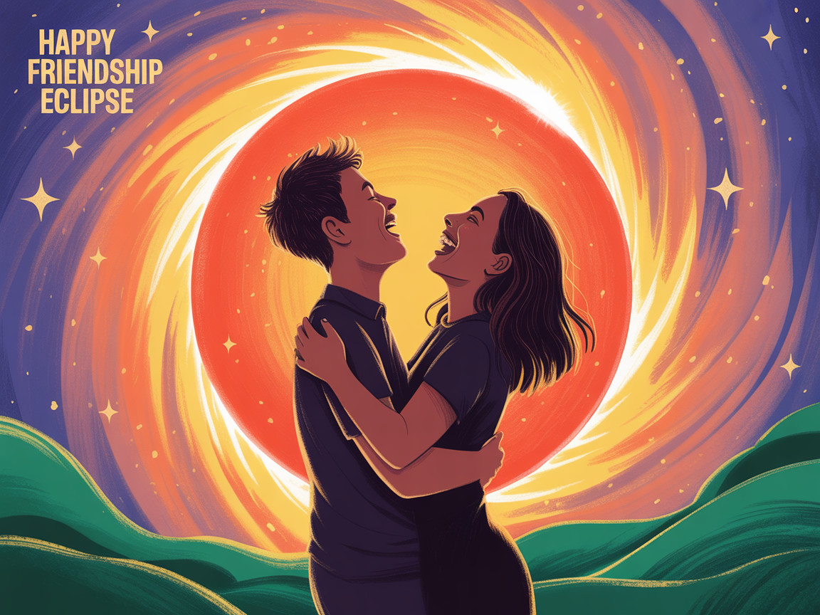 Friends Embracing Under a Vibrant Sunset Sky