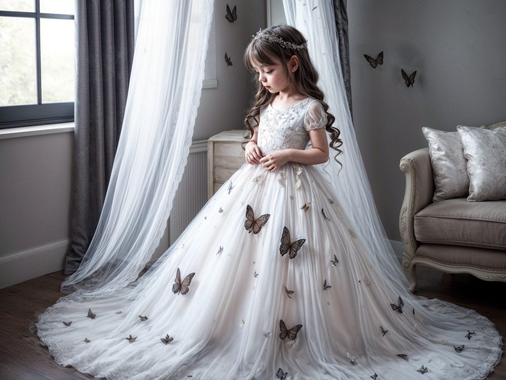 Girl in a white gown with butterflies in a room