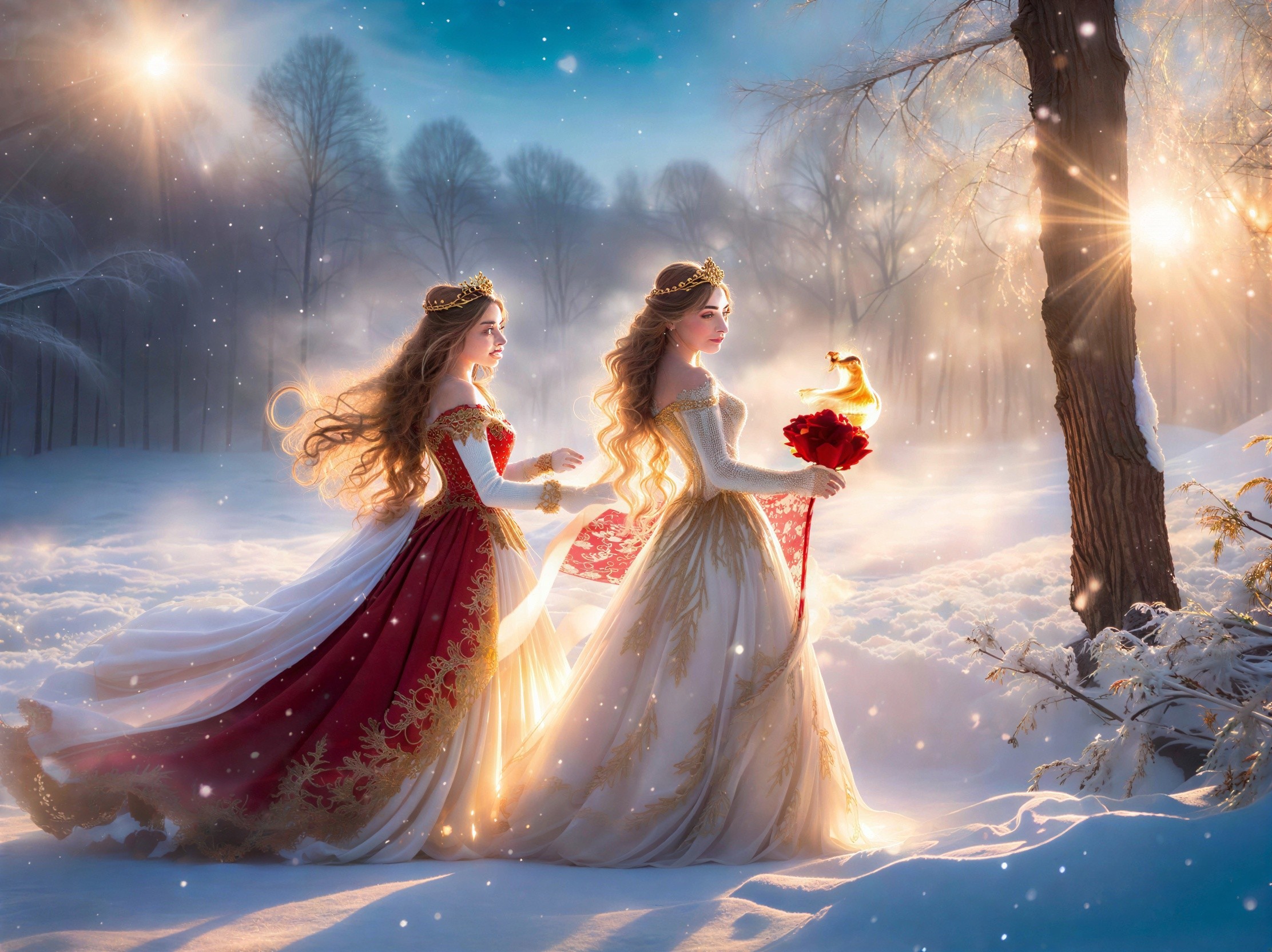 Enchantresses in Elegant Gowns in Winter Wonderland