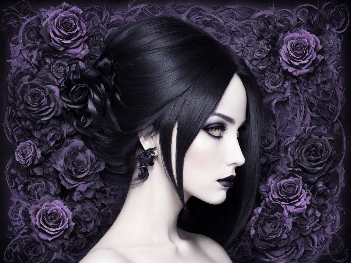 Gothic Portrait of a Woman with Dark Hair and Roses