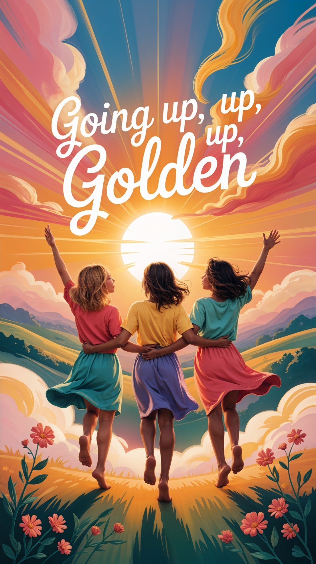 Girls in Colorful Outfits Running Towards Sunset