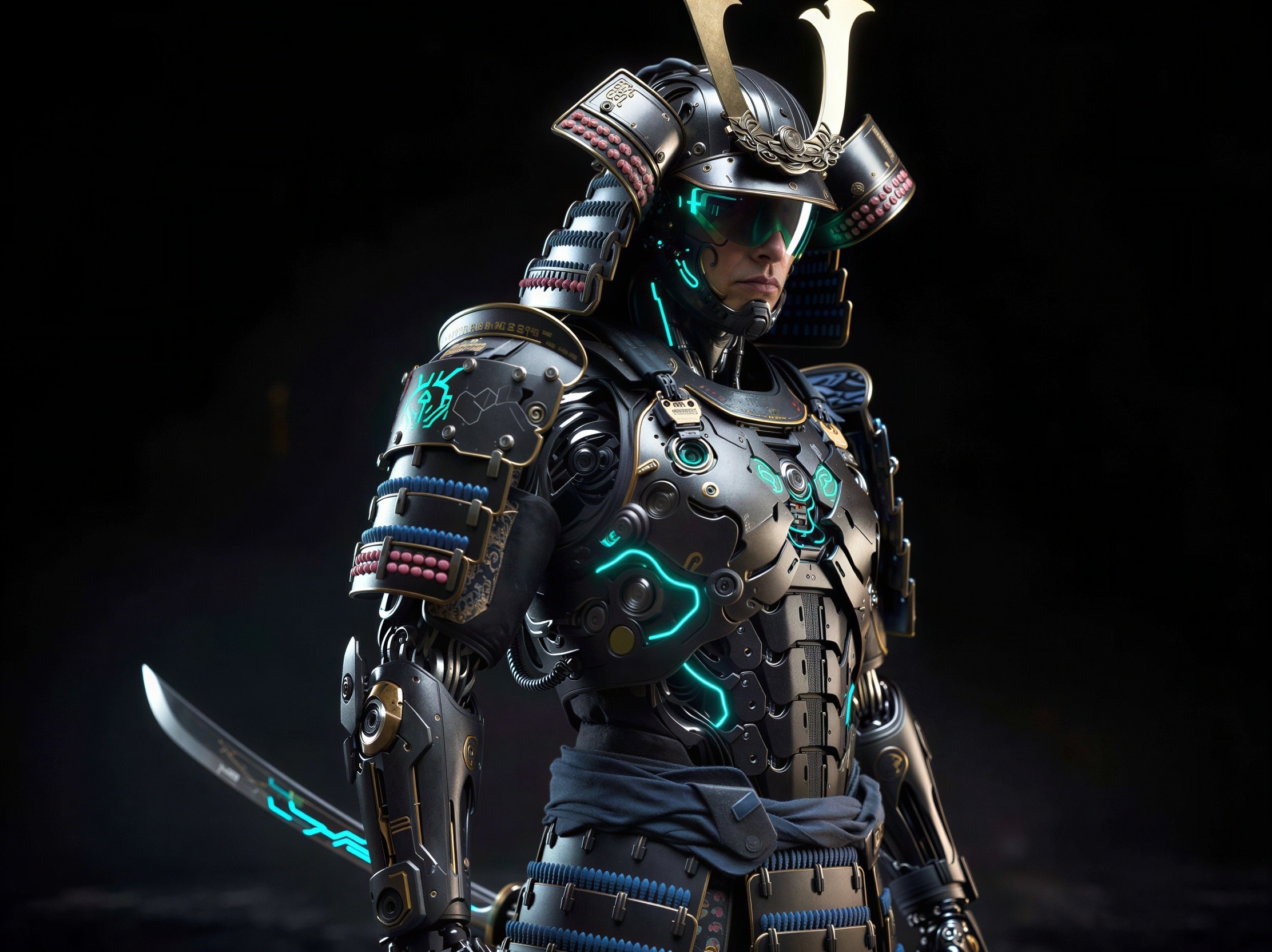 Cyberpunk Samurai Warrior in Dark Armor and Neon Lights