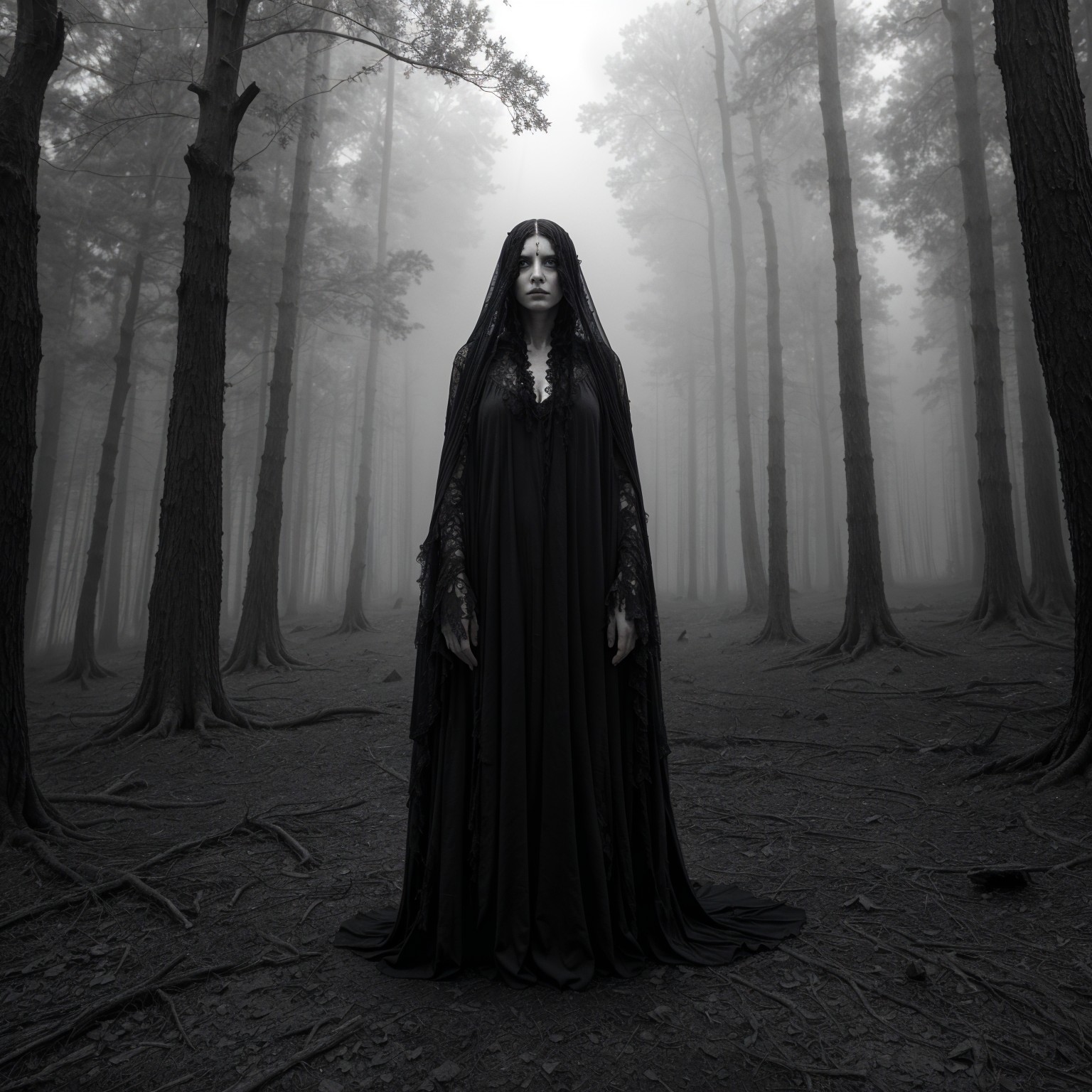 Mysterious Figure in Foggy Forest Landscape