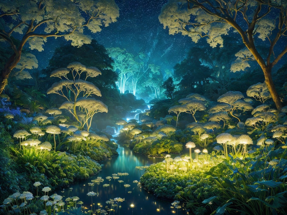 Moonlit forest scene with bioluminescent flowers
