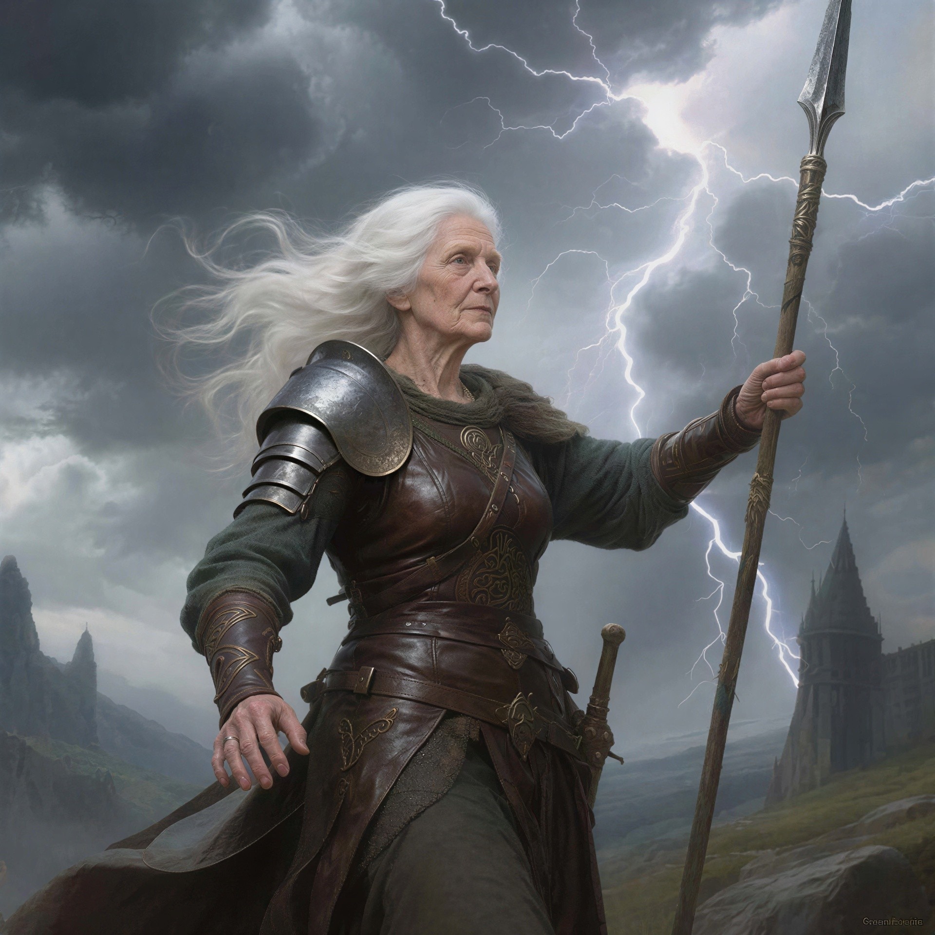 Elderly Woman in Armor Against Stormy Sky Background